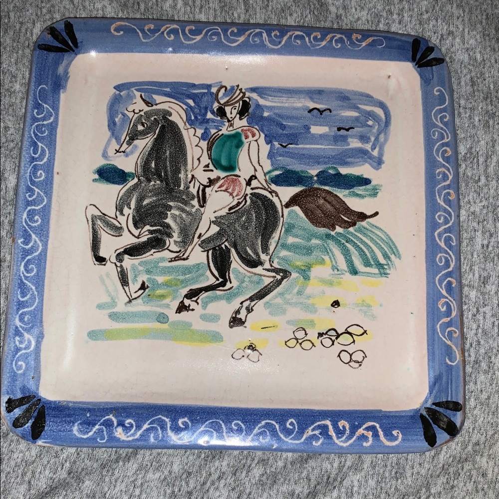 Hand-Painted Ceramic Art Plate with Blue and Black Design